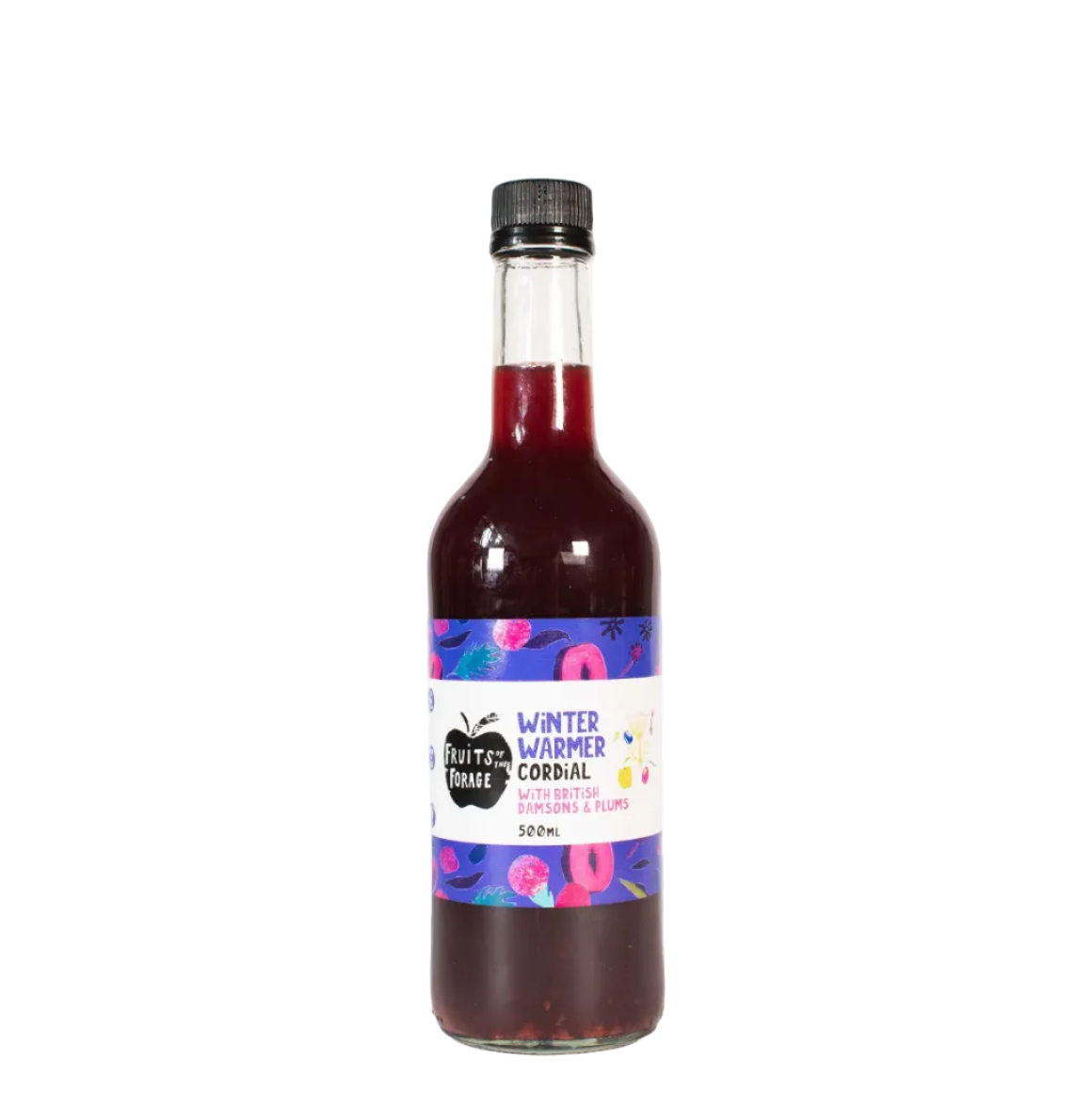 Bottle of Winter Warmer Cordial with colorful label on a white background