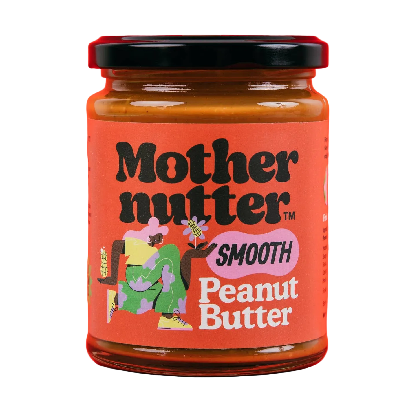 Jar of 'Mother Nutter' smooth peanut butter on an orange background