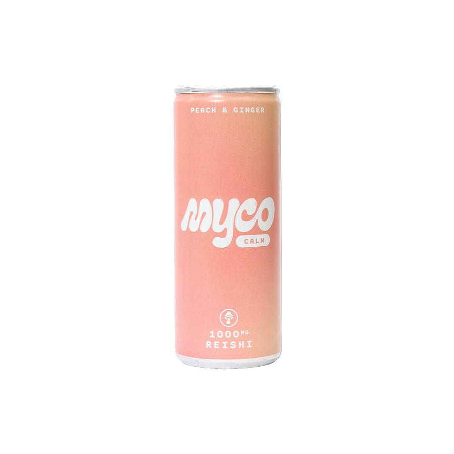 Close-up of Myco Calm Sparkling Peach and Ginger Drink 