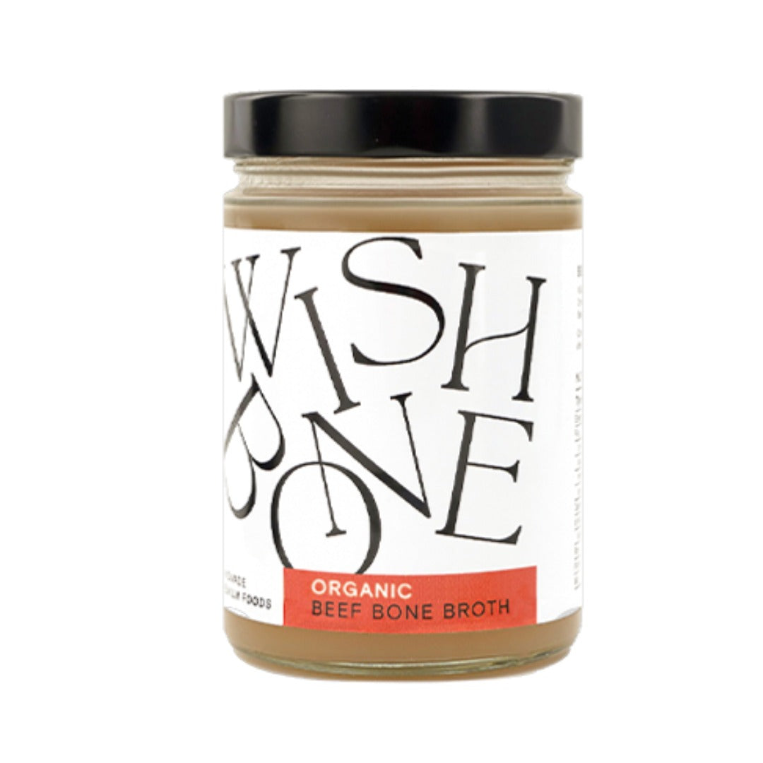 Jar of organic beef bone broth with 'Wish One' label on a white background