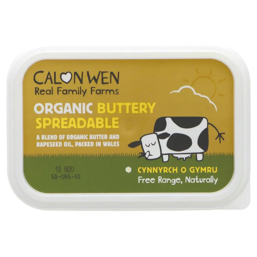 Container of Calon Wen Organic Buttery Spreadable with a cow illustration on a white background