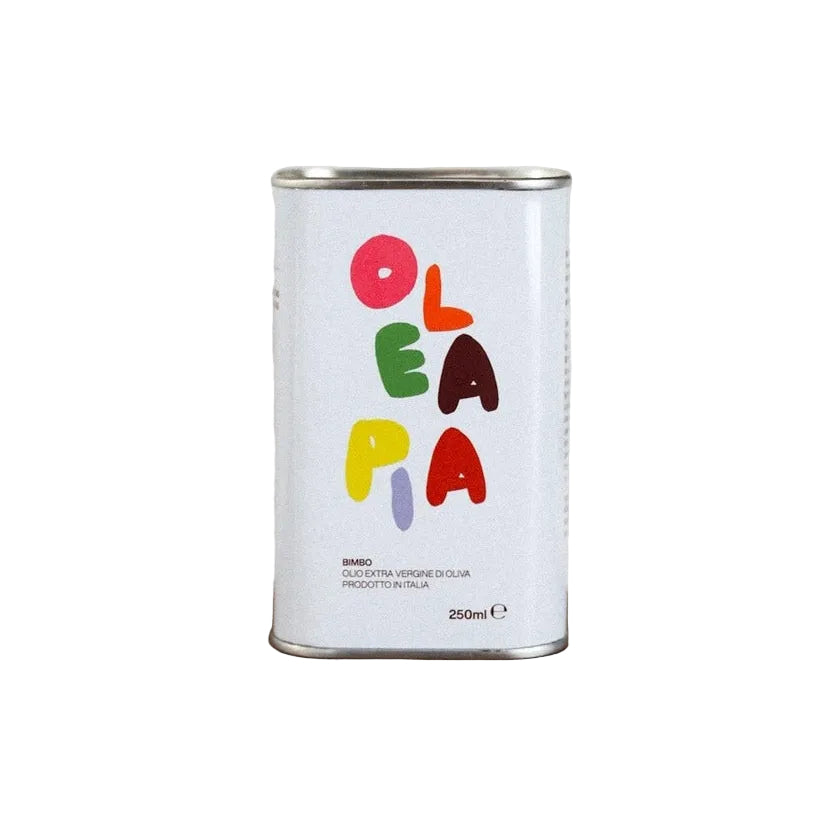 Close-up of Olea Pia Extra Virgin Olive Oil on a white background 