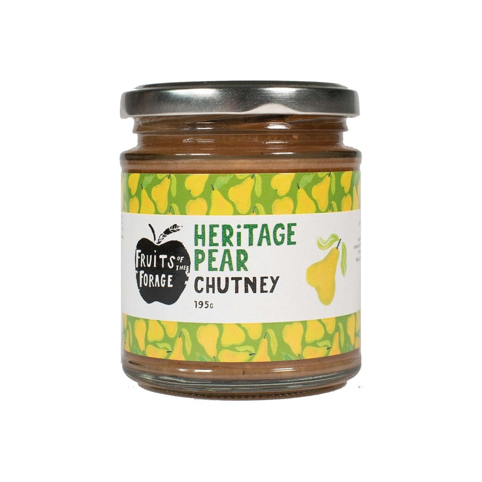 Jar of Heritage Pear Chutney with a green and yellow label on a white background
