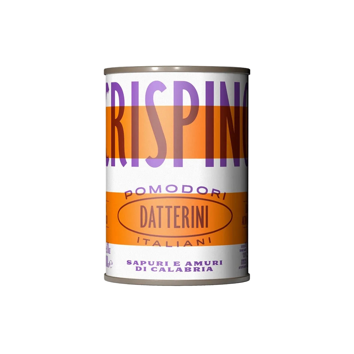 Close-up of Crispino tinned tomatoes on a white background 