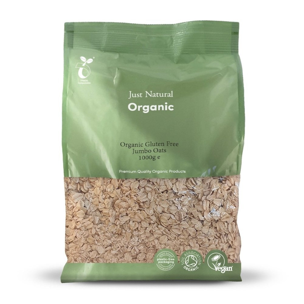Close-up of Just Natural Organic Gluten Free Jumbo Oats on a white background 