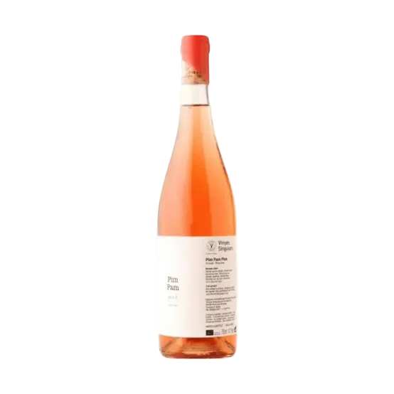 Bottle of pink wine with a red foil cap on a white background