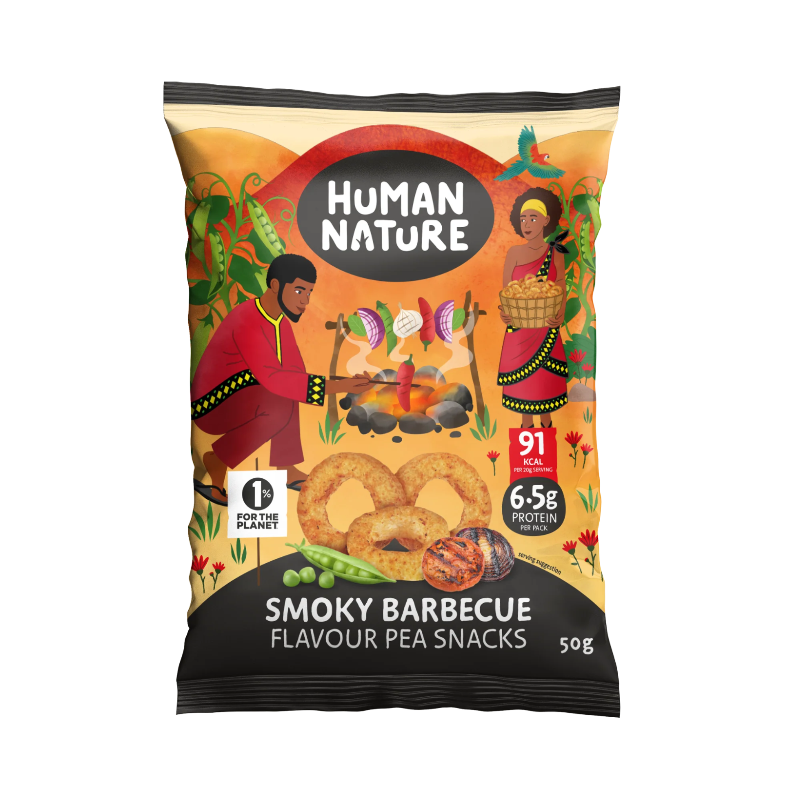 A 50g bag of Human Nature Smoky Barbecue Flavour Pea Snacks, featuring a colorful illustration of a person grilling over a fire and another carrying a basket, with pea pods and grilled onion rings depicted on the packaging.