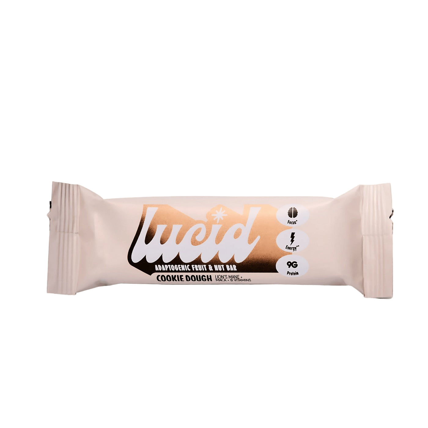 Close-up of Lucid cookie dough adaptogenic bar on a white background 