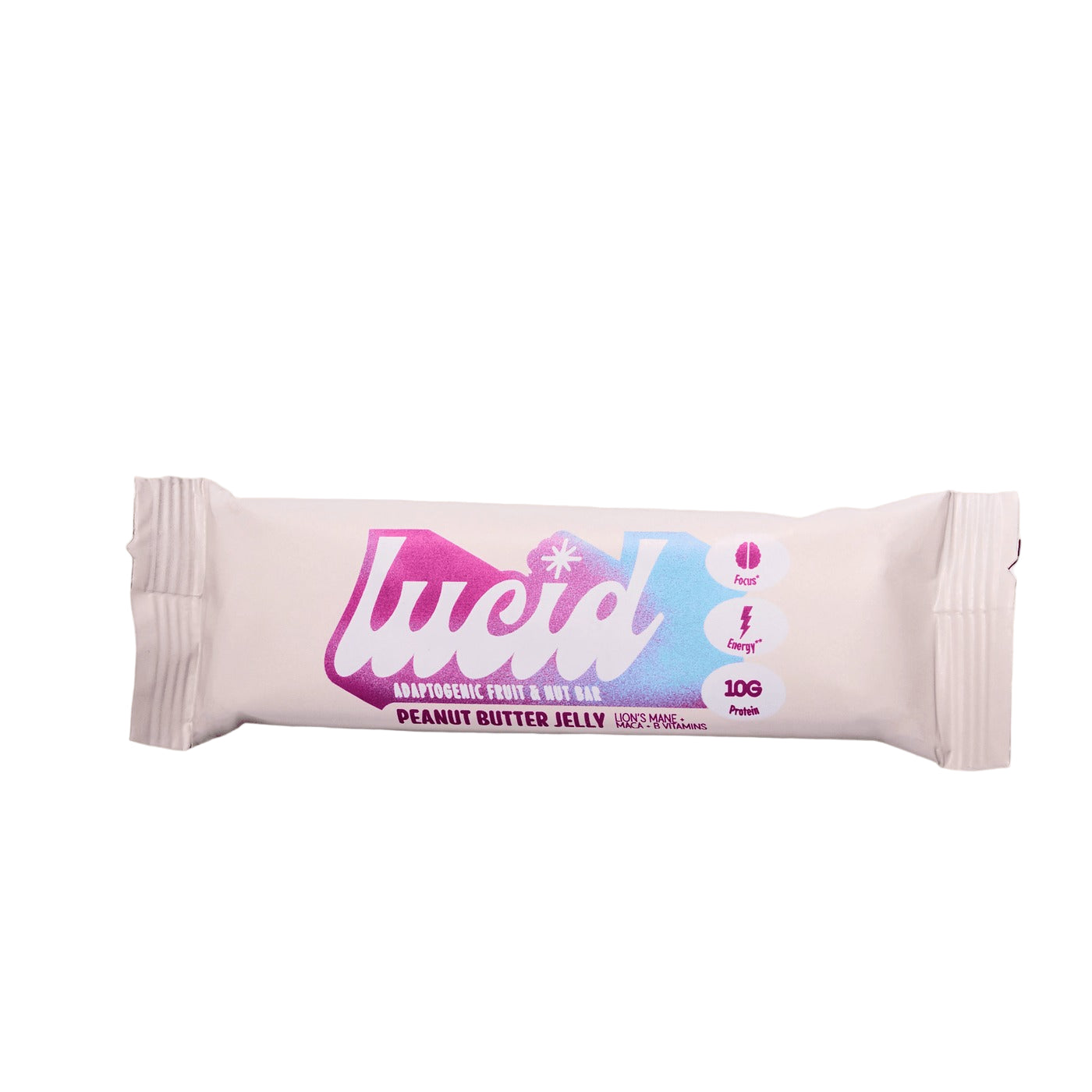 Lucid Peanut Butter and Jelly adaptogenic bar on a white background 