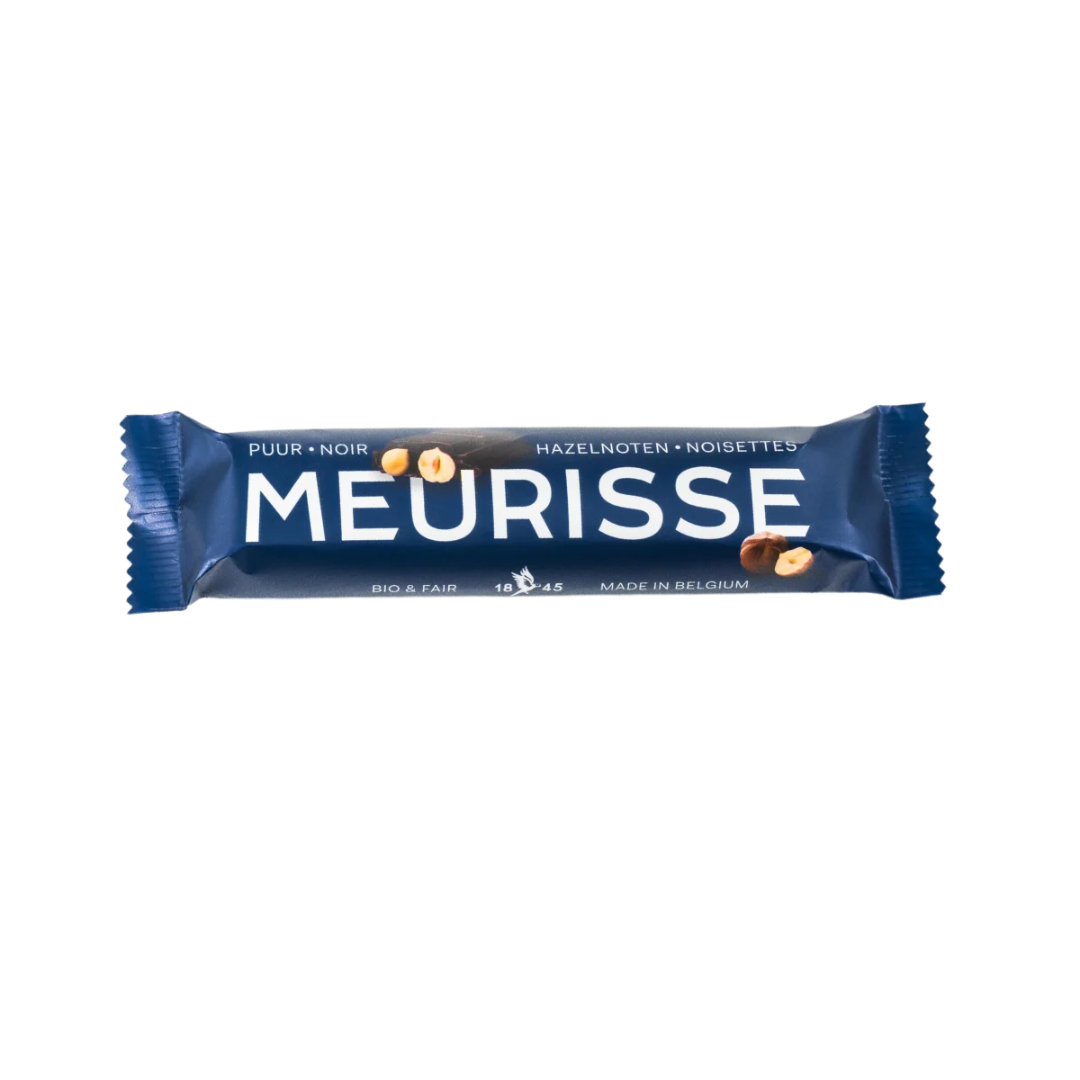 A single Meurisse hazelnut and nut butter bar in its blue wrapper, shown against a plain white background.