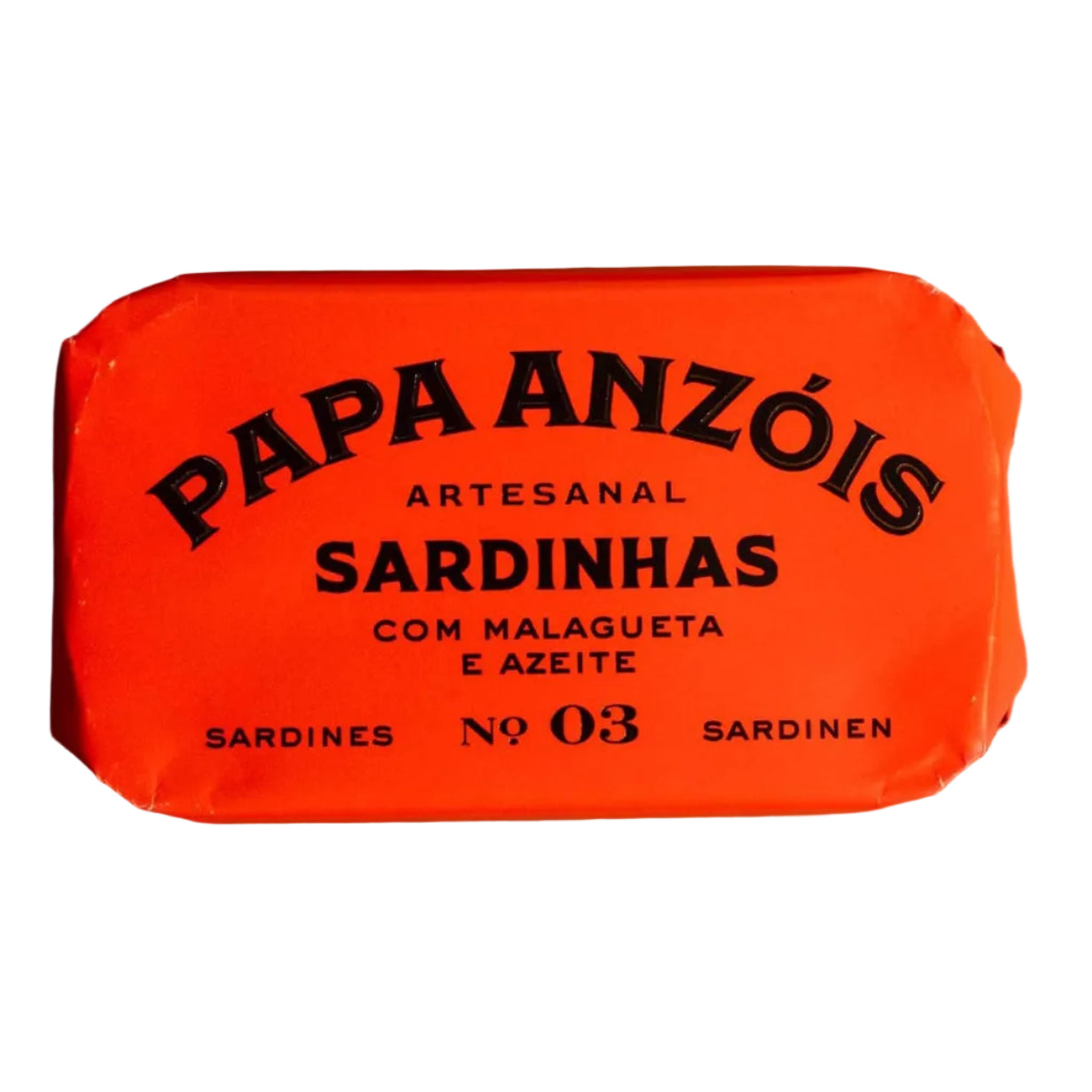 Red packaging of Papa Anzóis sardines on a wooden surface