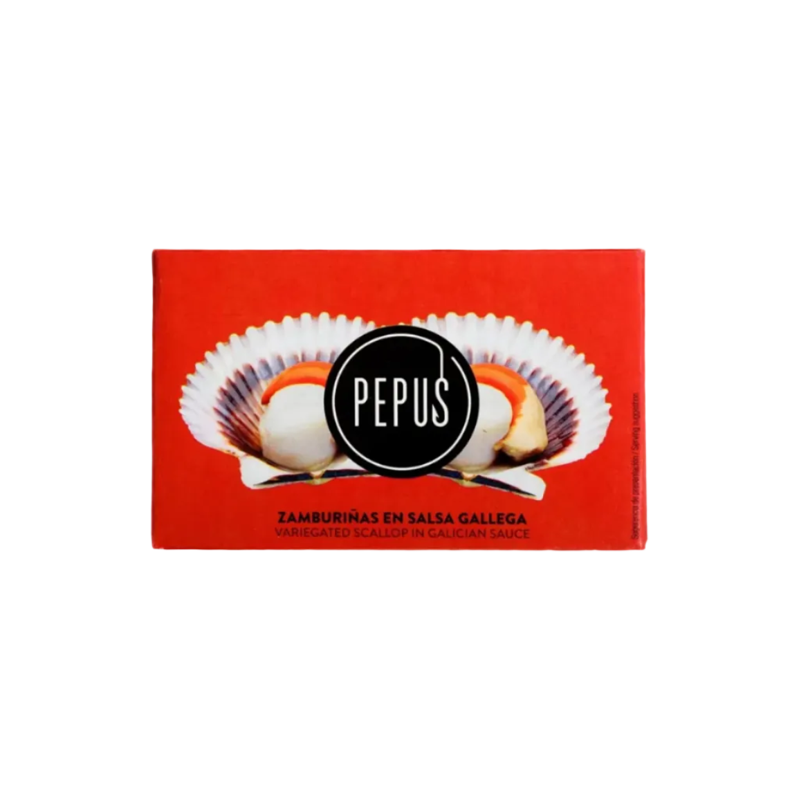 A red rectangular box of Pepus Zamburiás en Salsa Gallega (variegated scallop in galician sauce) placed on a light brown wooden surface. The box features a graphic of a scallop in a white paper cup with a black circular logo in the center.
