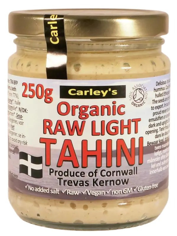 Close-up of Carley's Organic Raw LIGHT Tahini on a white background 