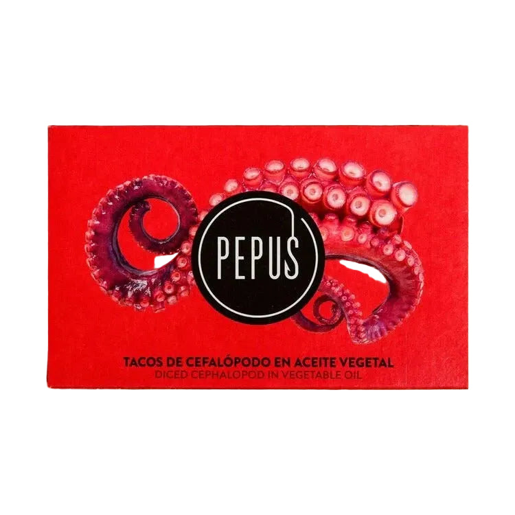 Red box with 'PEPUS' branding featuring octopus tentacles on a wooden surface