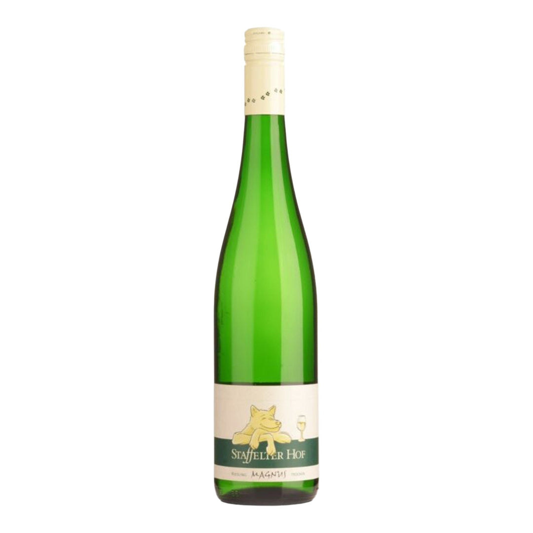 Green wine bottle with a visible label on a white background
