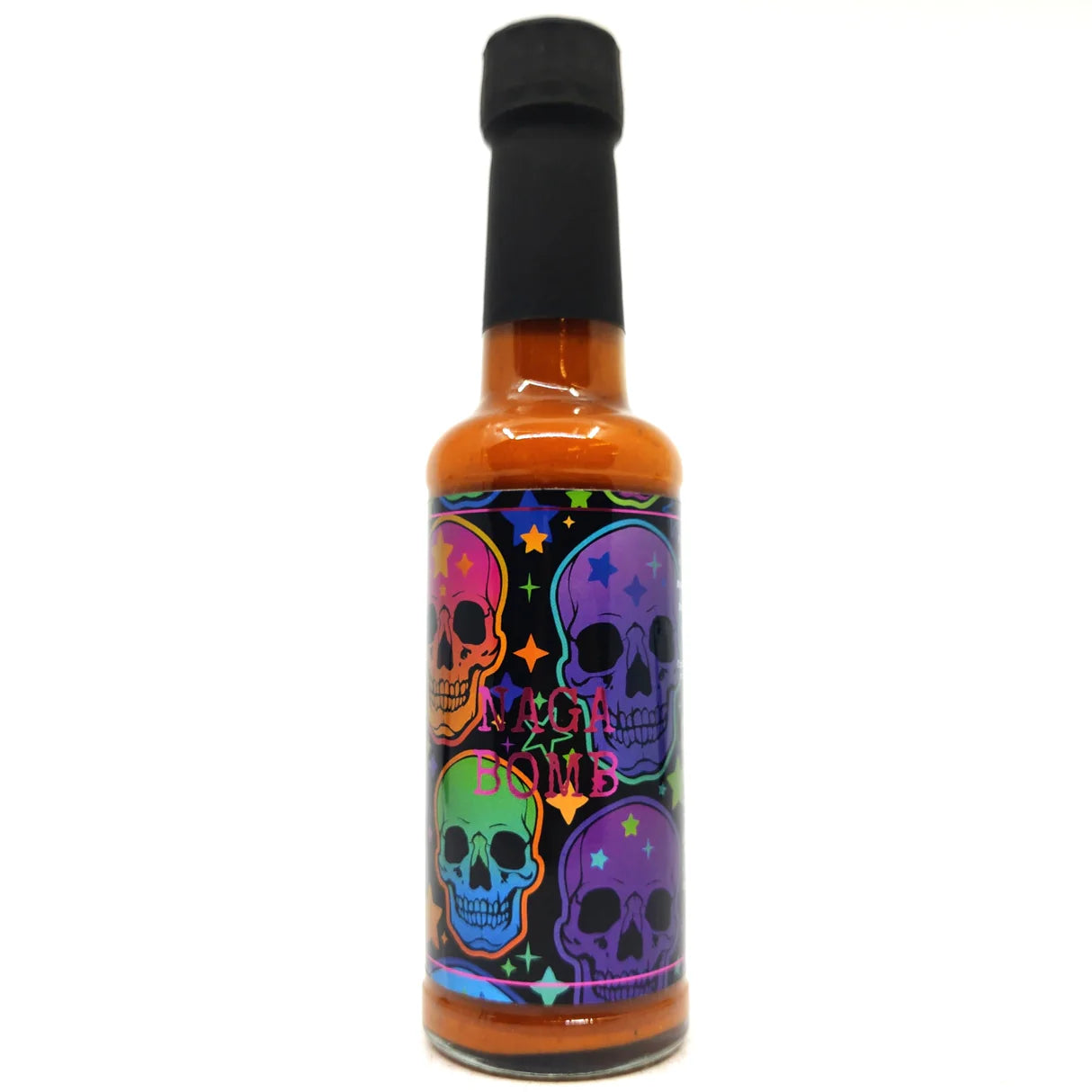 Hot sauce bottle with colorful skull design on a white background