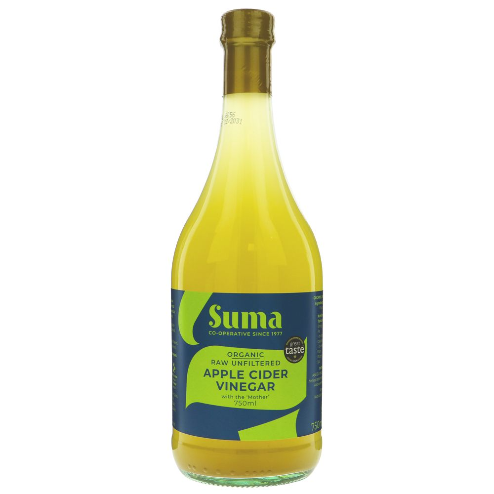 Bottle of Suma Apple Cider Vinegar on a white background