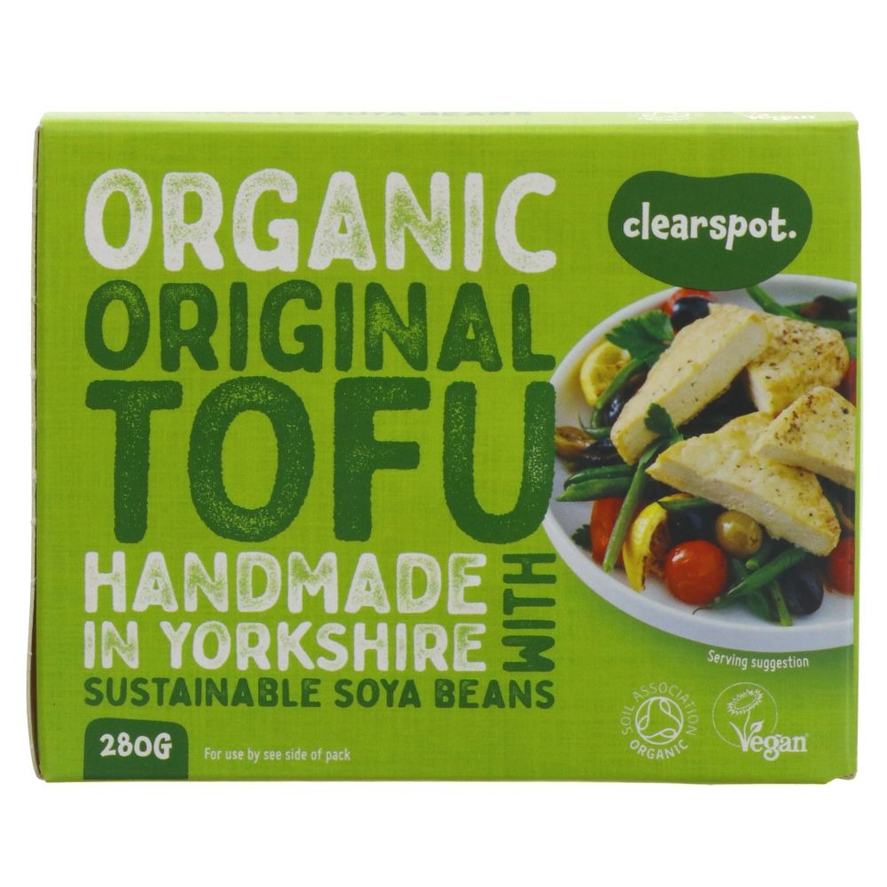 Box of organic original tofu with a salad image on a white background