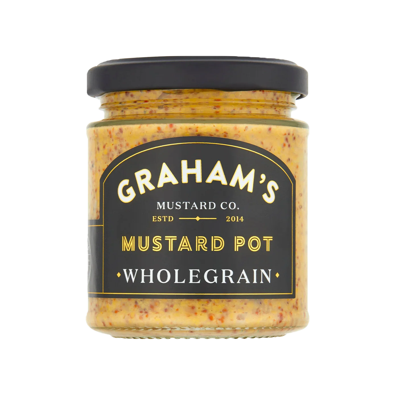 Jar of Graham's Wholegrain Mustard on a white background